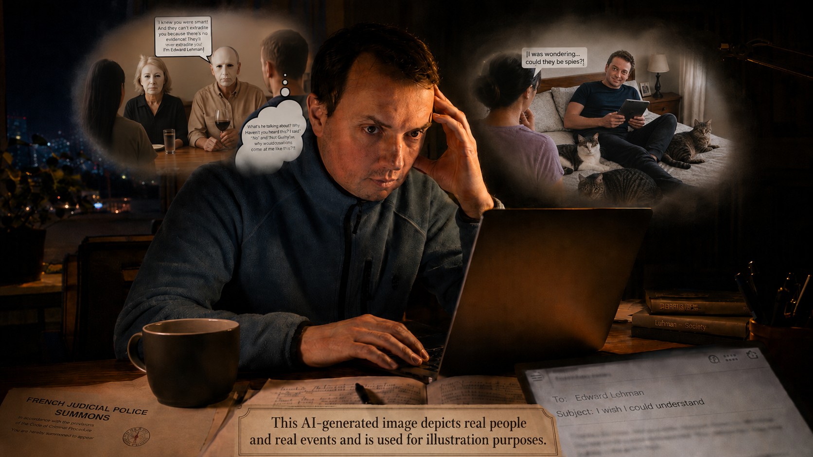 Illustration de Vincent Le Corre écrivant à Edward Lehman au sujet de soupçons d'espionnage américain en Chine, et une convocation de police.