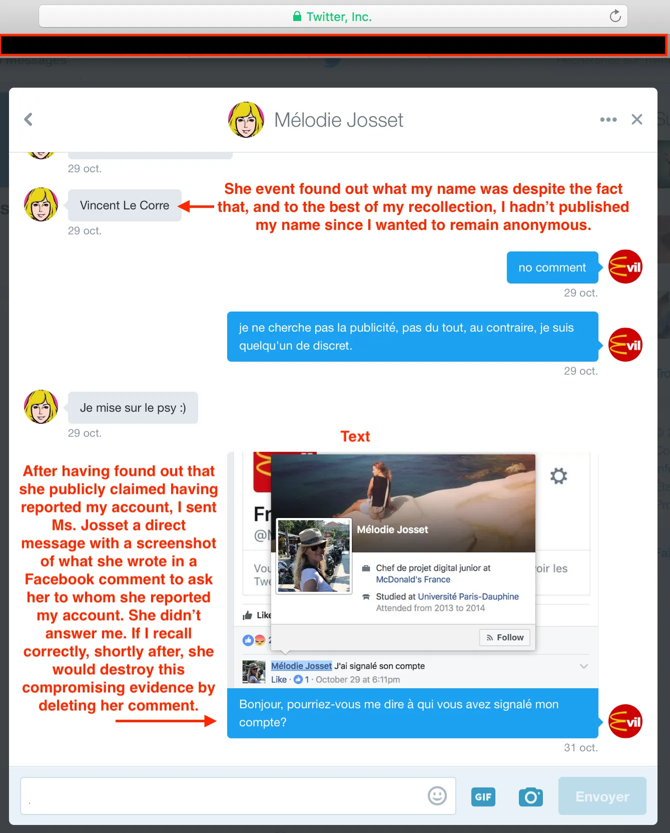 Message privé demandant à Josset à qui elle m’a signalé