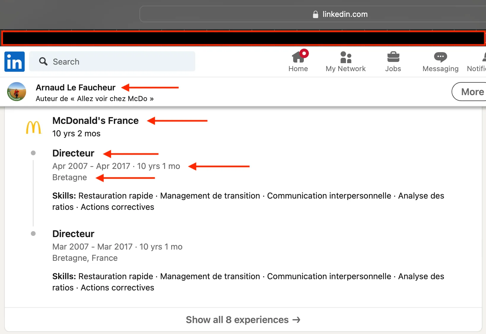 Profil LinkedIn d’Arnaud Le Faucheur faisant apparaître un emploi chez McDonald's