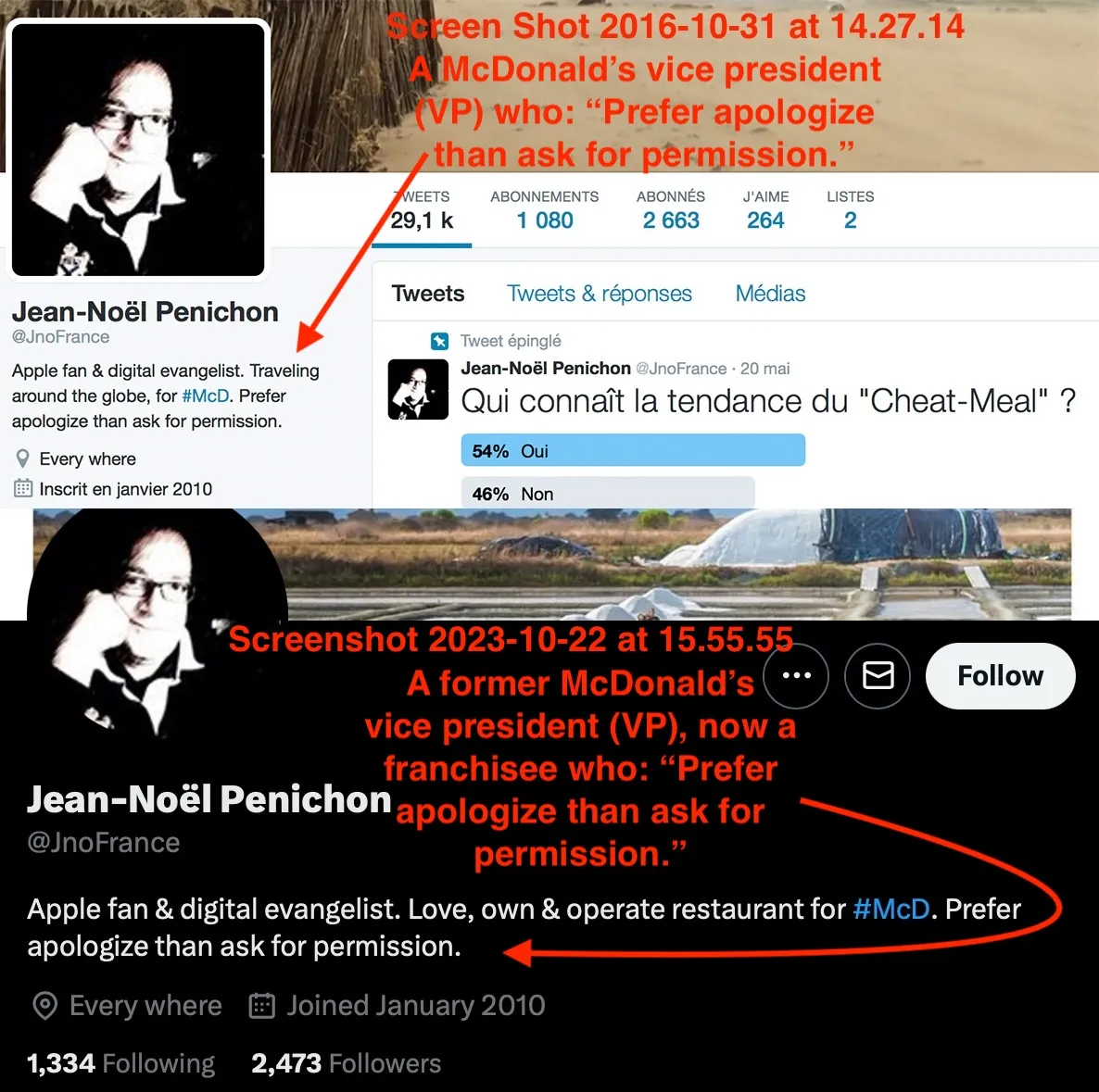 Biographie Twitter de Penichon — préfère s'excuser plutôt que demander la permission